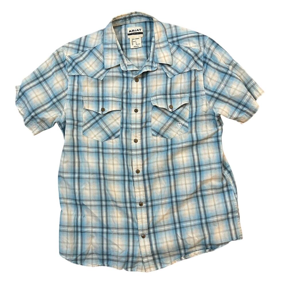 Ariat Pearl Snap Western Shirt Plaid Blue Mens Large Retro Fit Rodeo Festival
